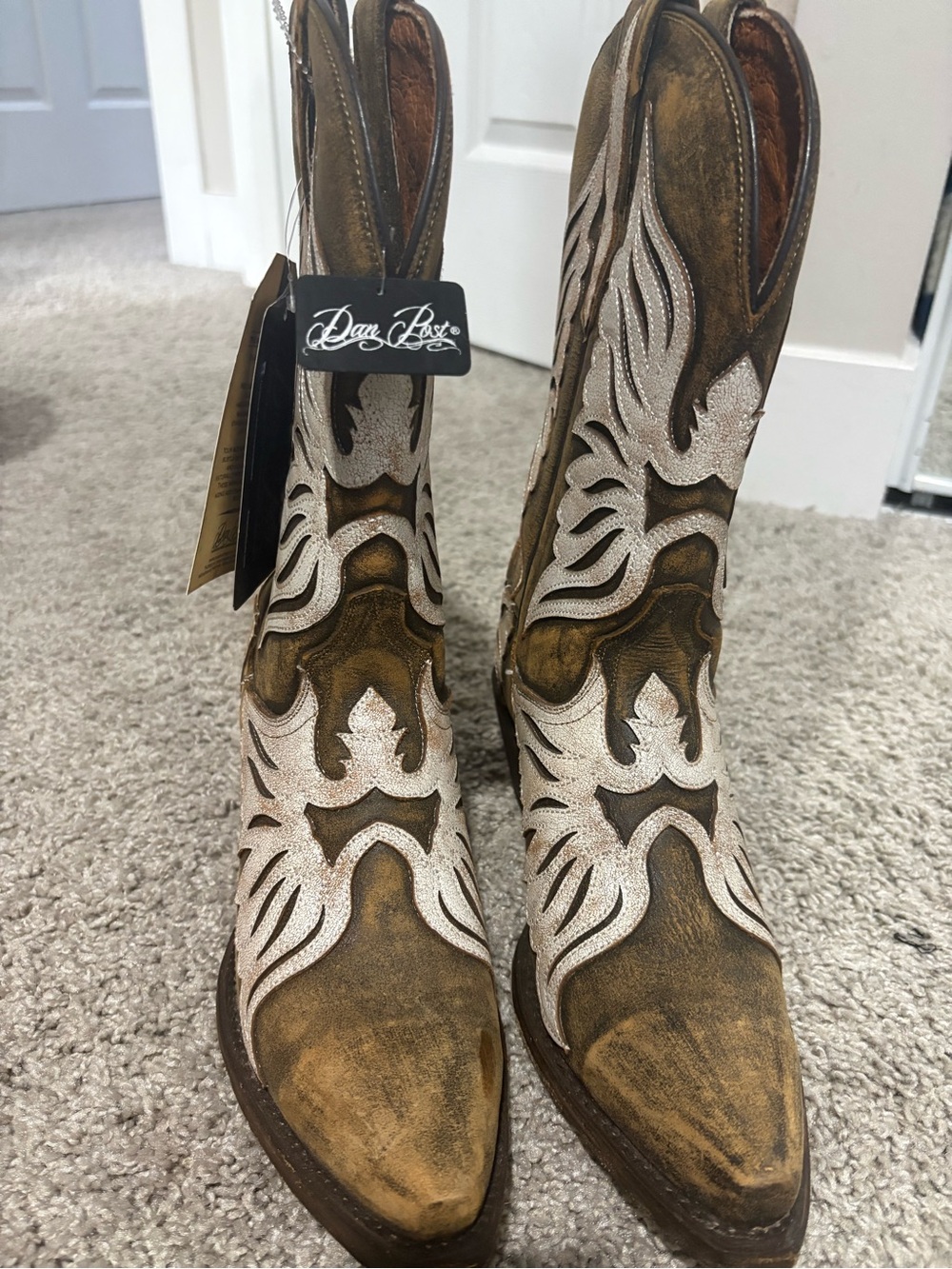 Dan Post Distressed Brown Leather Western Boots with White Overlay